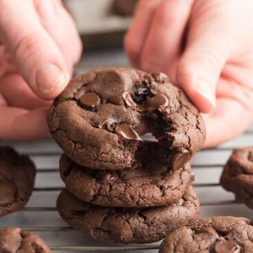 4 Ingredient Double Chocolate Cookies are so easy but you'd never know! Soft and chewy, with much less time and effort thanks to cake mix! Use any flavor!