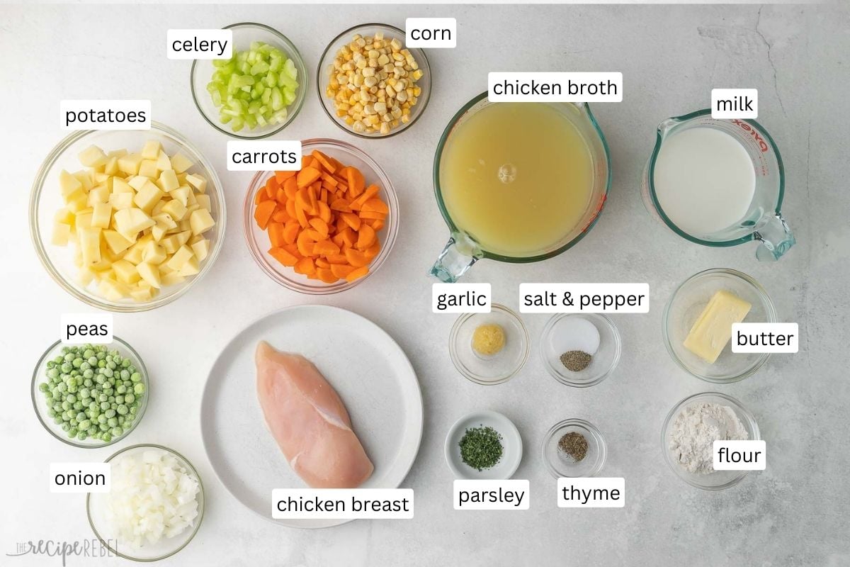 ingredients needed for chicken pot pie soup in glass bowls.