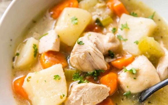 close up image of instant pot chicken stew in bowl