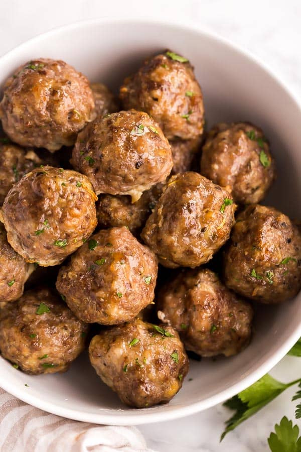 easy meatball recipe baked and in white bowl