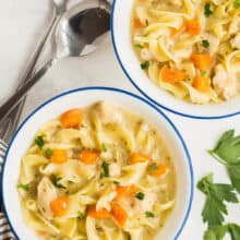 creamy chicken noodle soup in bowls